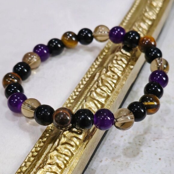 Aura Shield ✦ Tigers Eye Amethyst Hematite Bracelet ✦ 8mm Crystal Bead Stretch - Picture 1 of 9